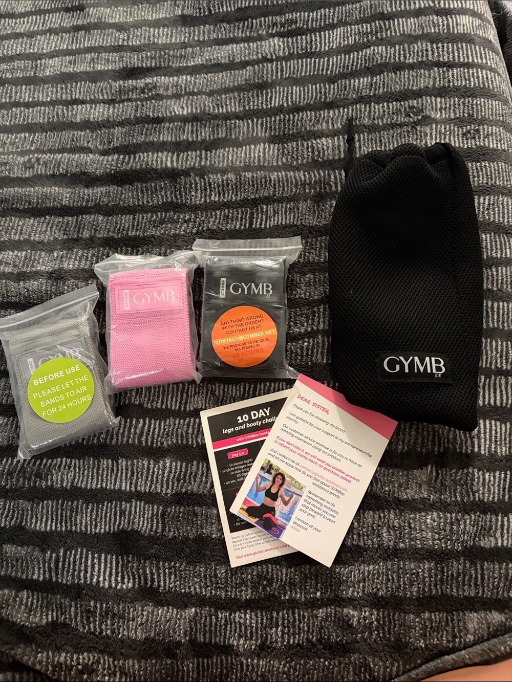 GYMB Resistance Band Set with Carry Pouch - Pink, Gray, Black
